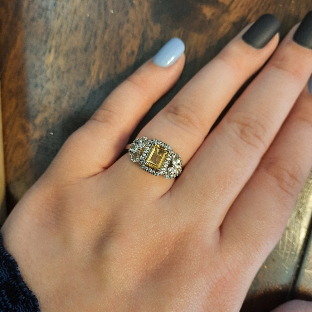Beautiful yellow citrine rhodium plated sterling silver ring (November)
